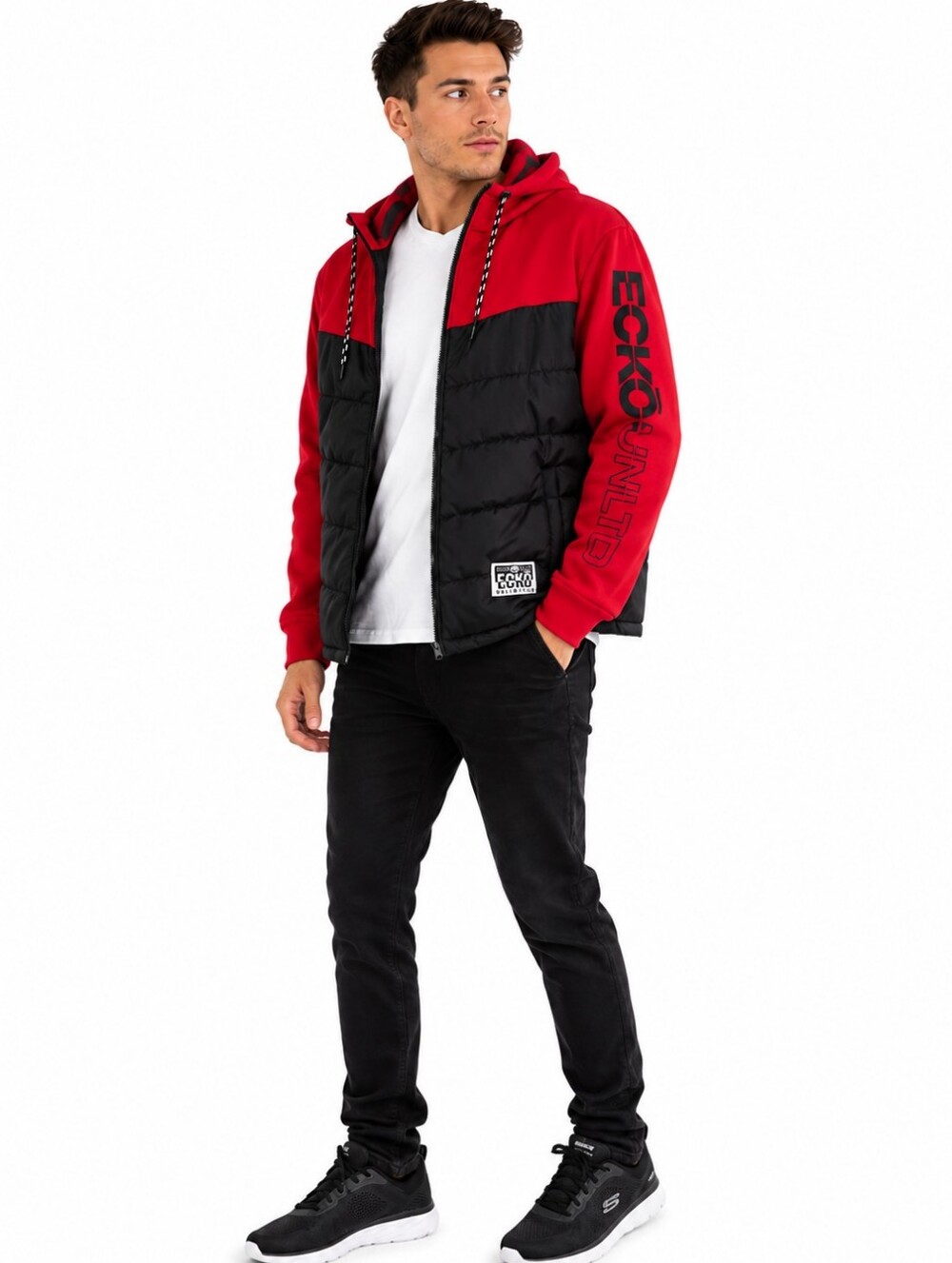 ECKO UNLIMITED MEN'S BLACK and RED Quilted Hooded Puffer Jacket SIZE LARGE NWT
